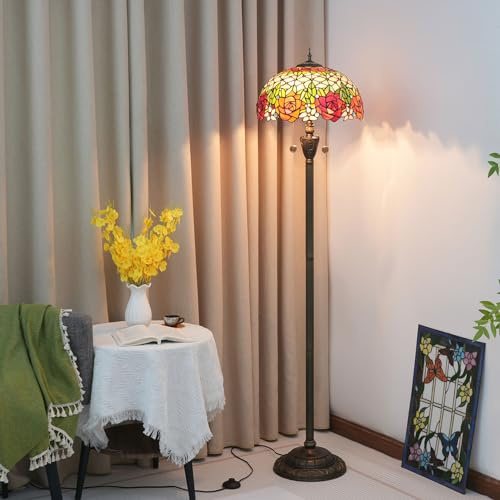 AIBOTY Tiffany Style lampadaire vitrail Lampe de Lecture sur Pied avec 2 lumières, Lampe de Chevet Vintage Antique, pour Chambre à Coucher Salon Bureau d'étude à Domicile,Red Rose