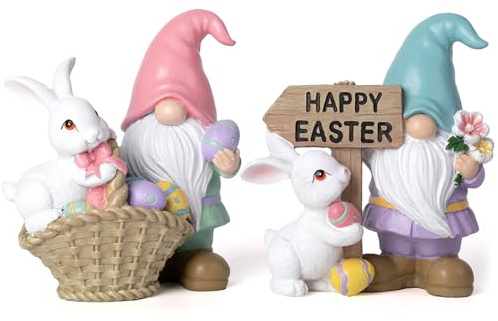 Valery Madelyn Easter Decoration Gnomes Figurines Set of 2, Resin Gnomes with Easter Bunny and Eggs Ornaments for Spring Easter Home Decor 10cm (M)