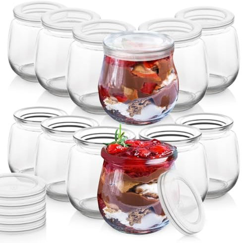 orion group Bicchiere per yogurt, da dessert, in vetro, con coperchio, 130 ml, 12 pezzi.