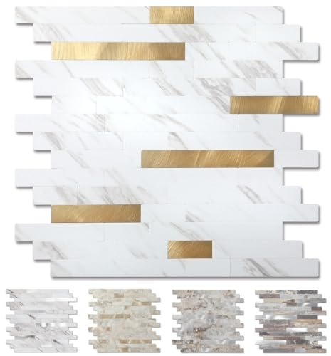 Yipscazo Peel and Stick Wood Metal Tile Backsplash, Stick on Tiles for Backsplash Kitchen, Bathroom, Laundry Room, Camper, Fireplace (12 X 12,10 Sheets in White with Gold)