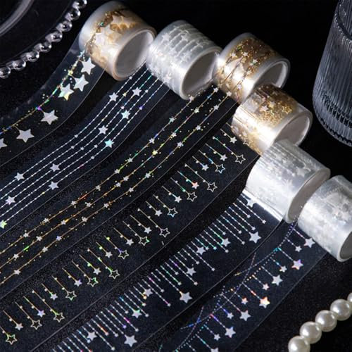 Washi Pet Tape Set, 6 Rollen Klares Dekoratives Masking PET Tape, 2m/Rolle, Glitzeraufkleber für Junk Journaling, Scrapbook, Fotoalbum, Geschenkverpackung, DIY-Basteln