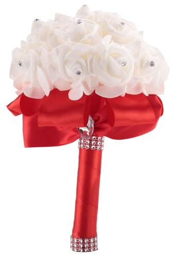 Mocturnity Bellissimo bouquet da sposa da sposa da damigella d'onore fiore bouquet da sposa artificiale bouquet di rose bouquet da sposa - rosso e crema