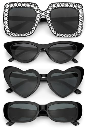 4Stk Pinke Sonnenbrille Damen Set, Herz Sonnenbrille Rosa Sonnenbrillen Retro Cat Eye Brillen Rechteckige Brillen, 90er Brille Party Brille Lustige Sonnenbrillen Party Herzbrille Pink für Karneval