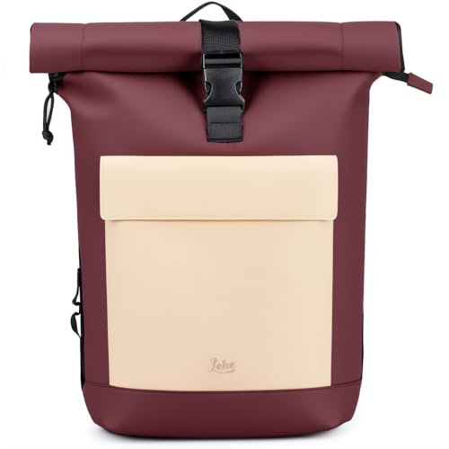 Lekespring Rolltop Rucksack Damen & Herren, Wasserdichter Laptop Rucksack mit 17 Zoll Fach, Stylischer Tagesrucksack für Uni, Arbeit, Reisen und Freizeit, Erweiterbar & Vielseitig (Rotwein, L)