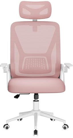naspaluro Chaise de Bureau Ergonomique avec Accoudoirs Rabattables à 90°, Soutien Lombaire Unique, Appui-tête Réversible, Maille Respirante, Siège Pivotant à 360° avec Fonction Swing, Rose