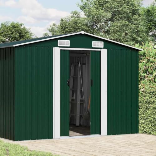 ACAGALA Geräteschuppen Metall 257 x 580 x 181 cm, Gerätehaus mit Satteldach, Doppel-Schwenktüren & 4 Belüftung, Wetterfester Outdoor Garten Schuppen für Terrasse Hof Garten, Grün