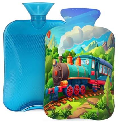 Mexpekil Cartoon Steam Train Hot Water Bottle with Cover, 2L PVC Hot Water Bag for Pain Relief, Feet, Back, Warmth