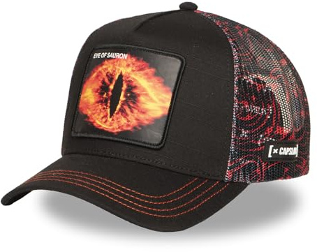 Capslab | Schwarz-Rotes Trucker-Cap | Mit Design des Sauron-Augen LOTR Eye | Verstellbares Unisex-Trucker-Cap inspiriert vom Herr der Ringe | Ideal für besondere Anlässe | Langlebig und Bequem