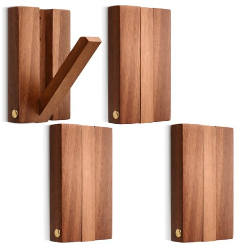 Jetec 4 Stück Garderobenhaken Holz Wand Faltbar mit 10 Kg Tragkraft | 14 x 8 x 2,5 cm, Garderobe Haken, Tragkraft, Kleiderhaken für Schwere Handtaschen und Jacken, Wandhaken, Garderobenleiste