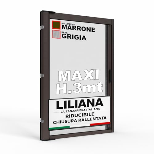 Zanzariera a Rullo LILIANA MAXI L 150 x H 300cm Laterale Riducibile per Porta Finestre Con Chiusura Rallentata e Magnetica - Marrone RAL8017 con Rete in Fibra di Vetro Grigia - Made in italy