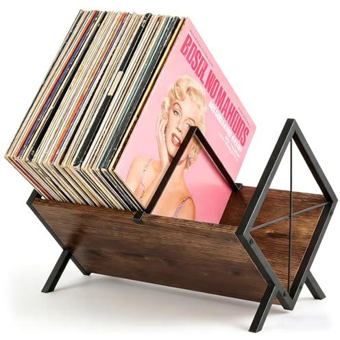 Scaffale per dischi in vinile da 80 LP, combinazione di legno e metallo, con divisore regolabile, porta riviste e organizer per CD, album, libri, sala