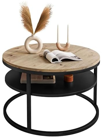 Lookway Couchtisch CIRI Slim – Runder 60 cm Wohnzimmertisch im Holzdekor, Mit Ablage, Moderner Beistelltisch (Eiche Artisan/Schwarz)