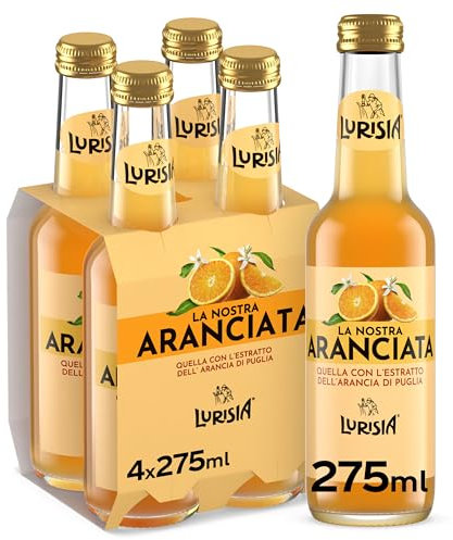 Lurisia La Nostra Aranciata – 4 Bottiglie in Vetro da 275ml, Bevanda Analcolica Prodotta con il Succo delle Arance Italiane e l’Estratto di Arance Pugliesi, Gusto Dissetante