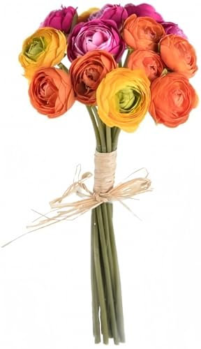 Floristrywarehouse Lot de 14 Mini Fleurs artificielles de renoncule Orange, Jaune et Rose Cerise 27 cm