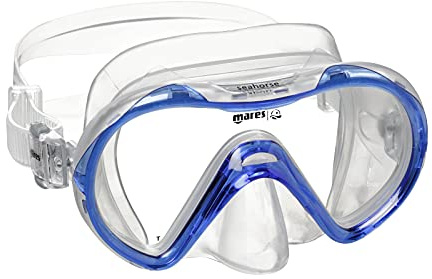 Mares Seahorse - Maschera per bambini mono-lente temperata, profilo basso, faciale in siliter e fibbie EZ Adjust 360°