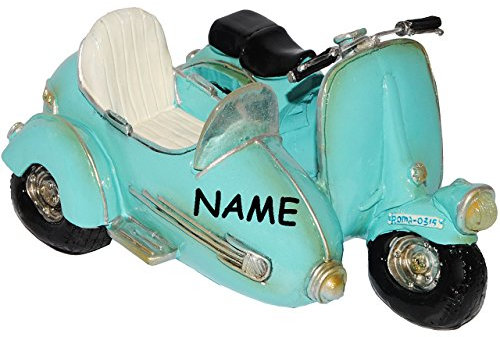 alles-meine.de GmbH Spardose - Roller/Motorrad mit Seitenwagen/Oldtimer - türkis blau - incl. Name - stabile Sparbüchse aus Kunstharz - Fahrzeug Sparschwein lustig witzig..
