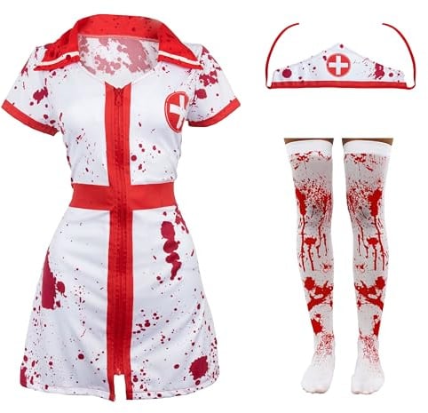 Krankenschwester-Kostüm, Zombie-Blut-Strümpfe, blutige Krankenschwester mit blutigem Kleid, Hut und Strümpfe, Größen: 32-50