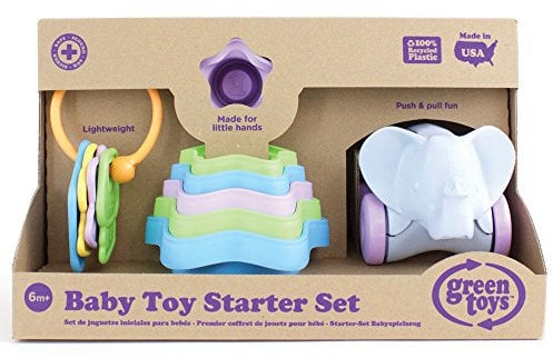 Green Toys Babyspielzeug, Starter-Set, inkl. Schlüsselbund-Greifling, Stapelspiel und Elefant mit Rollen, nachhaltiges Motorikspielzeug für Babys und Kleinkinder ab 6 Monaten, Geschenkset 3-teilig