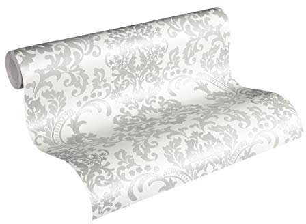 Livingwalls Vliestapete mit Glitter Neue Bude 2.0 Tapete mit Ornamenten barock 10,05 m x 0,53 m grau weiß Made in Germany 361664 36166-4