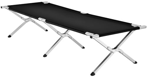 TecTake® Cama Plegable con Estructura de Aluminio, Ideal para Acampada y Playa, Tumbona Plegable con Colchoneta, Ligera y Estable, Incluye Bolsa de Transporte, Accesorios Camping - Set de 1 Negro
