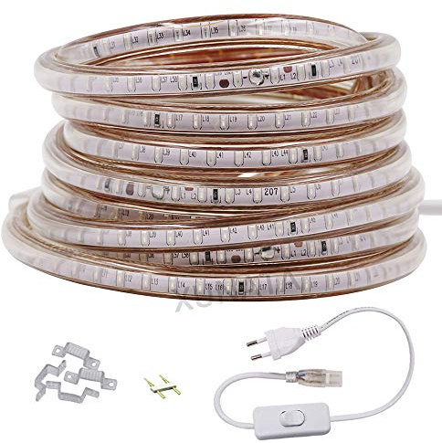 XUNATA Ruban Led, 220V-240V Bande LED Avec Interrupteur,3014 120leds/m IP65 étanche Strip Led, Blanc chaud Flexible Bande lumière Pour Décoration Hôtel Mariage Fête (Blanc chaud,1M)