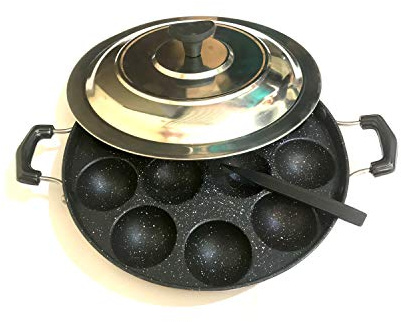 Non-Stick Heavy Duty 12 Cavity (Pits) Appam Patra Two Side Handle with Steel lid Paniyarakkal Paniyaram Appam Pan Aebleskiver Maker
