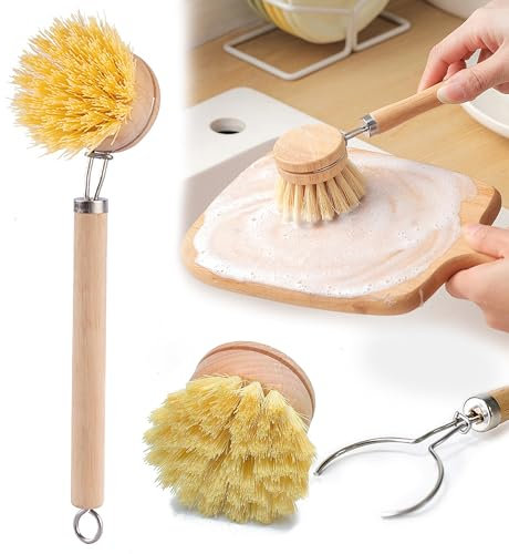 Cepillo De Madera Calidad con 2 Cabezales De Recambio, Cepillos para Fregar Platos de Bambú Limpieza del Hogar para Lavar Ollas, Sartenes, Platos y Cubiertos Intercambiable/Cabezal de repues