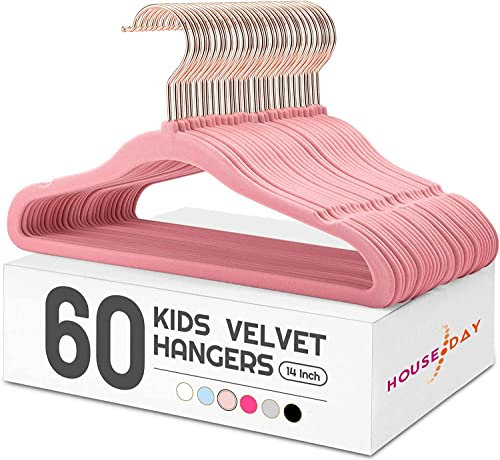 HOUSE DAY 60 Stück Kinder kleiderbügel Samt(35.5cm breit)— Rosa Kinderkleiderbügel Samt Kinder Kleiderbügel rutschfest Kleiderbügel Platzsparend mit drehbarer Haken für 3-15 Jahre