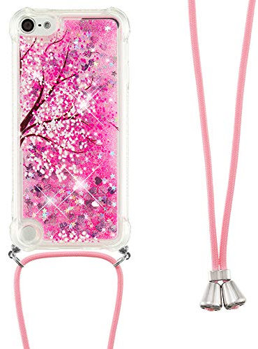 Handykette Handyhülle für iPod Touch 5 / 6 / 7 Hülle,Glitzer Quicksand kreatives Fließende Flüssigkeit schwimmt Silikon Case mit Umhängeband Handykordel Band Kette für iPod Touch 5,YB GS Cherry