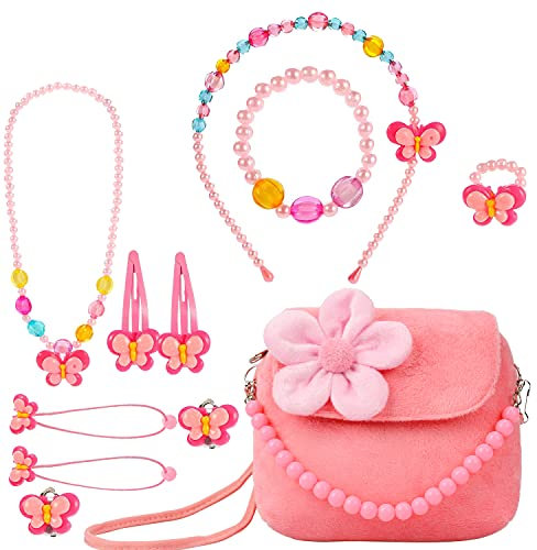 BIQIQI Kinderschmuck Kleine Mädchen Süße Plüsch Handtasche Geldbörsen mit Halskette Armband Ring und Ohrring Schmuckset Mein Erster Geldbeutel für Kleine Mädchen Modeschmuck Anzieh und Rollenspiel