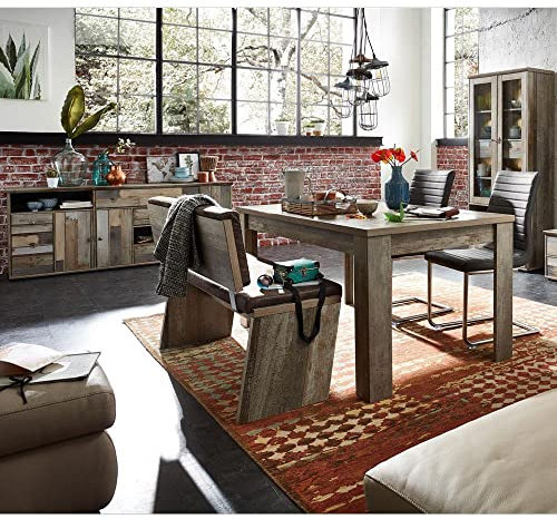 Lomadox Esszimmer komplett Vintage Driftwood braun Sitzbank Ausziehtisch Vitrine Sideboard
