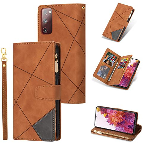 UEEBAI Hülle für Samsung Galaxy S20 FE 5G, Retro Reißverschluss Handyhülle PU Leder Klapphülle Silikon Bumper mit 9 Kartenfächer Standfunktion Geldbörse Trageband Schutzhülle Wallet Case - Braun