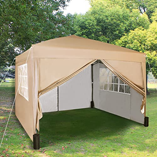 Pop-Up-Pavillon 3x3m Falt Pavillon mit Seiten 2 Windstäben und 4 Gewichtssäcken und silberfarbener Schutzschicht wasserdicht Festzeltüberdachung WS (Beige)