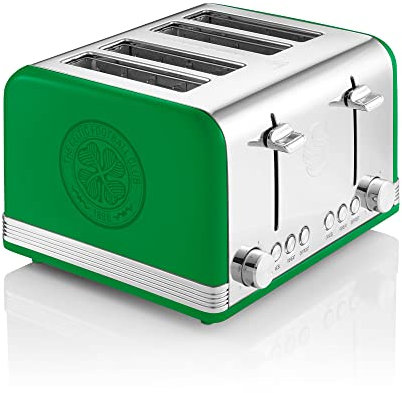 Swan Official Celtic Football Club 4 Slice Retro Toaster, Green, 1600W, Red Indicator Lights, Defrost and Reheat Settings, Removable Crumb Tray, Cord Storage, Celtic FC Toaster, ST19020CELN