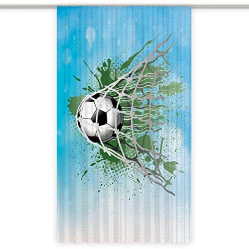 La-Melle. print your style. Lichtdurchlässige Gardine in Leinen-Optik - Motiv Fußball Blau - B 140 cm - L 245 cm - Kräuselband - 1-teiliger Vorhang aus transparentem Stoff mit 12 Haken für Schiene
