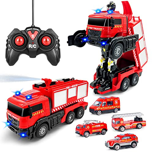Grarain Remote Control Fire Truck for Kids with LED Lights & Sounds Water Spraying Transforming RC Truck Plus 4 Mini Fire Engines & 10 Road Barriers, Toy Car for Boys Aged 3+