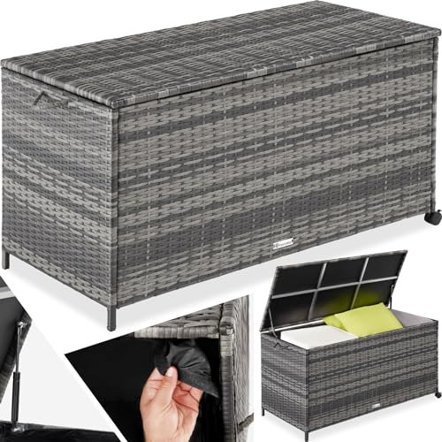 tectake® Coffre de jardin Exterieur, Coffre à Coussins 297 L en Aluminium Polyrotin 117 x 54 x 64 cm avec Roulettes, Couvercle Rabattable, Poignées pour Rangement des Outils de Jardin, Matelas, Jouets