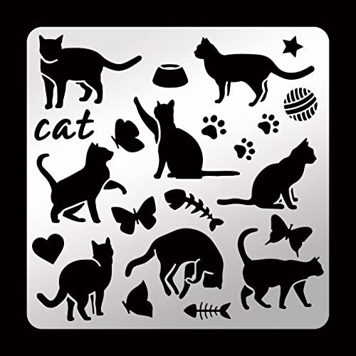 FINGERINSPIRE Katze Metallschablone 15.6cm Metall Katze Muster Schablone Edelstahl Katzenpfote Scrapbooking Zeichnung Schablone Schmetterling Fischgräten Schablone für Gravur, Pyrographie, Journal