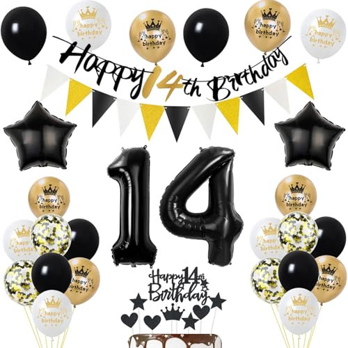 Luftballons 14 Geburtstag Deko Junge Mädchen, Banner 14 Geburtstag Girlande Deko 14. Geburtstag Mädchen Tortendeko 14. Geburtstag Junge Schwarz Gold Geburtstagsdeko 14 jahre Junge Mädchen Ballons