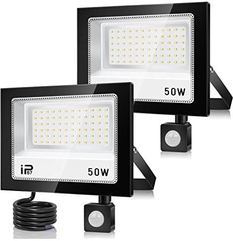 VRFMALIY Strahler Mit Bewegungsmelder Außen 50W 2 Stück, 5000LM 7000K PIR Fluter, IP67 Wasserdichte Kaltweiß Superhell LED Scheinwerfer für Eingang Garten Garage Hof