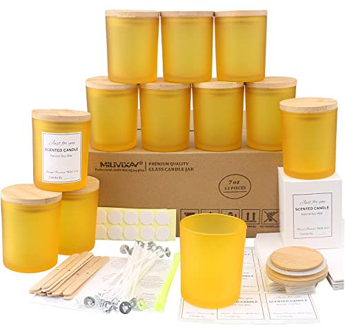 MILIVIXAY Paquete de 12 tarros de cristal amarillo esmerilado de 7 onzas con tapas y kits de fabricación de velas, tarros vacíos a granel para hacer velas, recipientes de especias y polvo.
