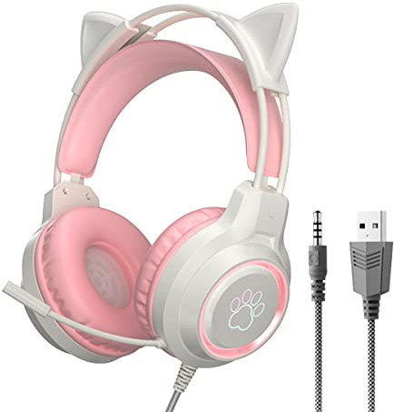 Kinder-Headsets mit abnehmbaren Katzenohren, 3,5 mm kabelgebundene Kopfhörer mit verstellbarem Mikrofon, ausziehbares, gepolstertes Kopfband, Geräuschunterdrückung und RGB-Licht-Kopfhörer(rosa)