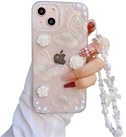 Faneiy iPhone 13 Mini Case with Charm Chain, Butterfly Flower 3D Cute Crystal Clear Shiny Case, Wrist Bracelet Pearl Shockproof for iPhone 13 Mini 5.4''