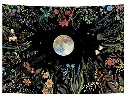 PRATYAHARA Wandteppich für Den Garten im Mondlicht Mondteppich Blumenteppich Pflanzen Wandteppich Wandbehang für Raum A