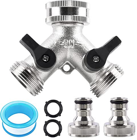 Duyteop 2 Wege Y Verteiler 3/4 Zoll, Wasserhahn 2 Wege Verteiler, Silber Wasseranschluss Verteiler mit 2 Gartenschlauch Wasserhahn Anschluss Verbinder 1 Rohstreifen 3 Gummiringe