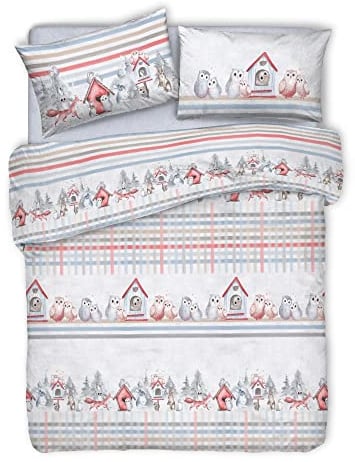 ‎PENSIERI DELICATI Bettwäsche-Set für Doppelbett, 100% Baumwolle, komplett mit 250 x 200 cm und 2 Kissenbezügen 52 x 82 cm, hergestellt in Italien, maschinenwaschbar bei 40 °C, Motiv: rote Eulen