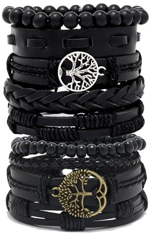EGOINA Leder Armband für Herren Punk Leder 8-10 Stücke Geflochtene Manschette Armband Holzperlen Totenkopf Metall Lederarmband