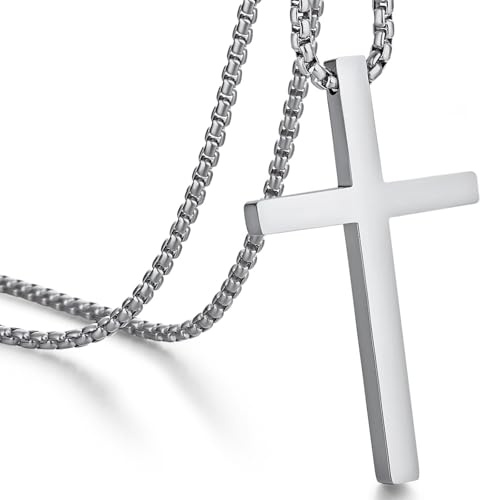 Jiahanzb Kreuz Kette Edelstahl 316L Großes Halskette Herren Kreuz Anhänger Jesus Christus Religiöser Schmuck Geschenk für Männer Damen Kette mit 22-26 Zoll