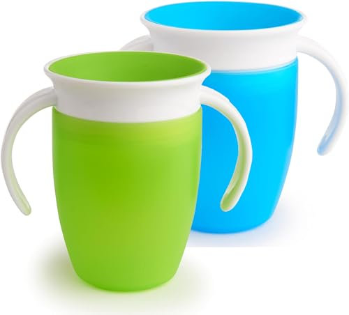 2 PCS Vaso de Aprendizaje para Bebé y Niños Pequeños, Vaso Infantil 360° con Asas, Antiderrame Libre de BPA para Bebés a Partir de los 6 Meses, Apto para Lavavajillas, 207 ml, (Verde/Azul)