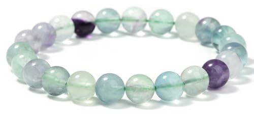 Landorilo Bracelet en Pierre Naturelle de 8 mm Fait à la Main pour Homme et Femme, Bracelets de Yoga Élastique Hautement Poli, Cadeaux de Bijoux Créatifs(Fluorite Colorée)